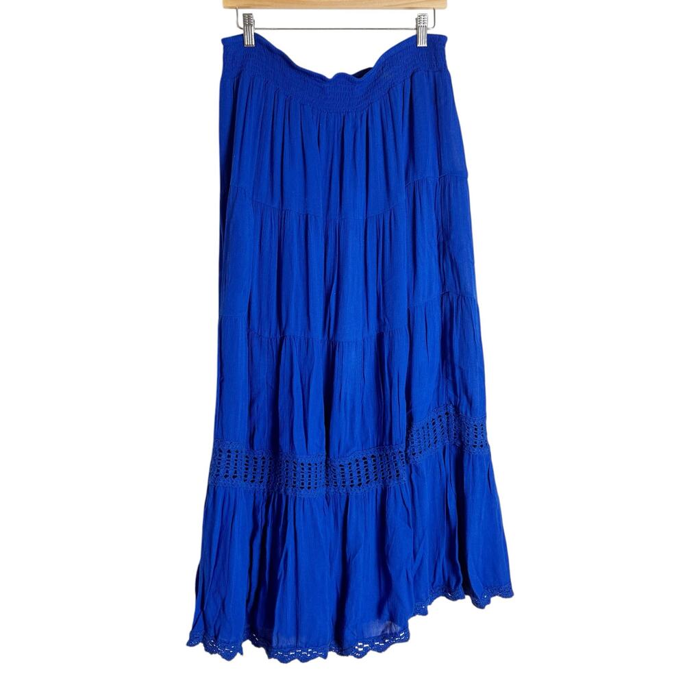 Chico’s Electric Blue Casey Crochet Inset Tiered Maxi Skirt Size 12